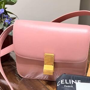 Celine Pink Leather Box Bag with Gold Tone Lock